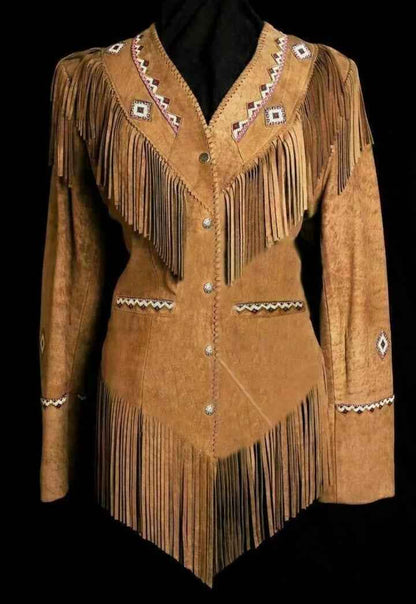 Brown suede jacket with fringes and bead embellishments on a black background