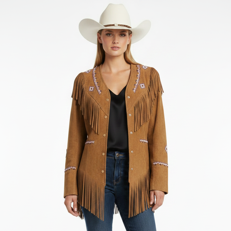 Woman wearing a brown fringed jacket with white hat on a white background