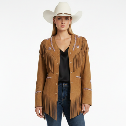 Woman wearing a brown fringed jacket with white hat on a white background