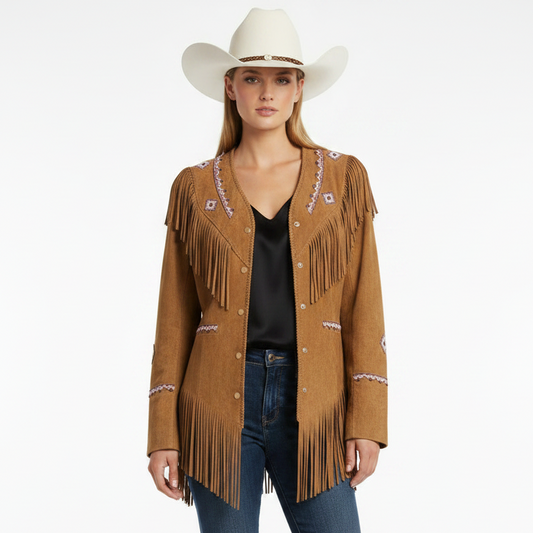Woman wearing a brown fringed jacket with white hat on a white background