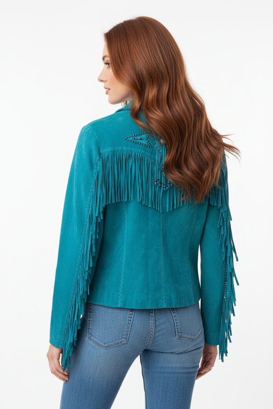 Woman wearing a teal fringed jacket on a white background