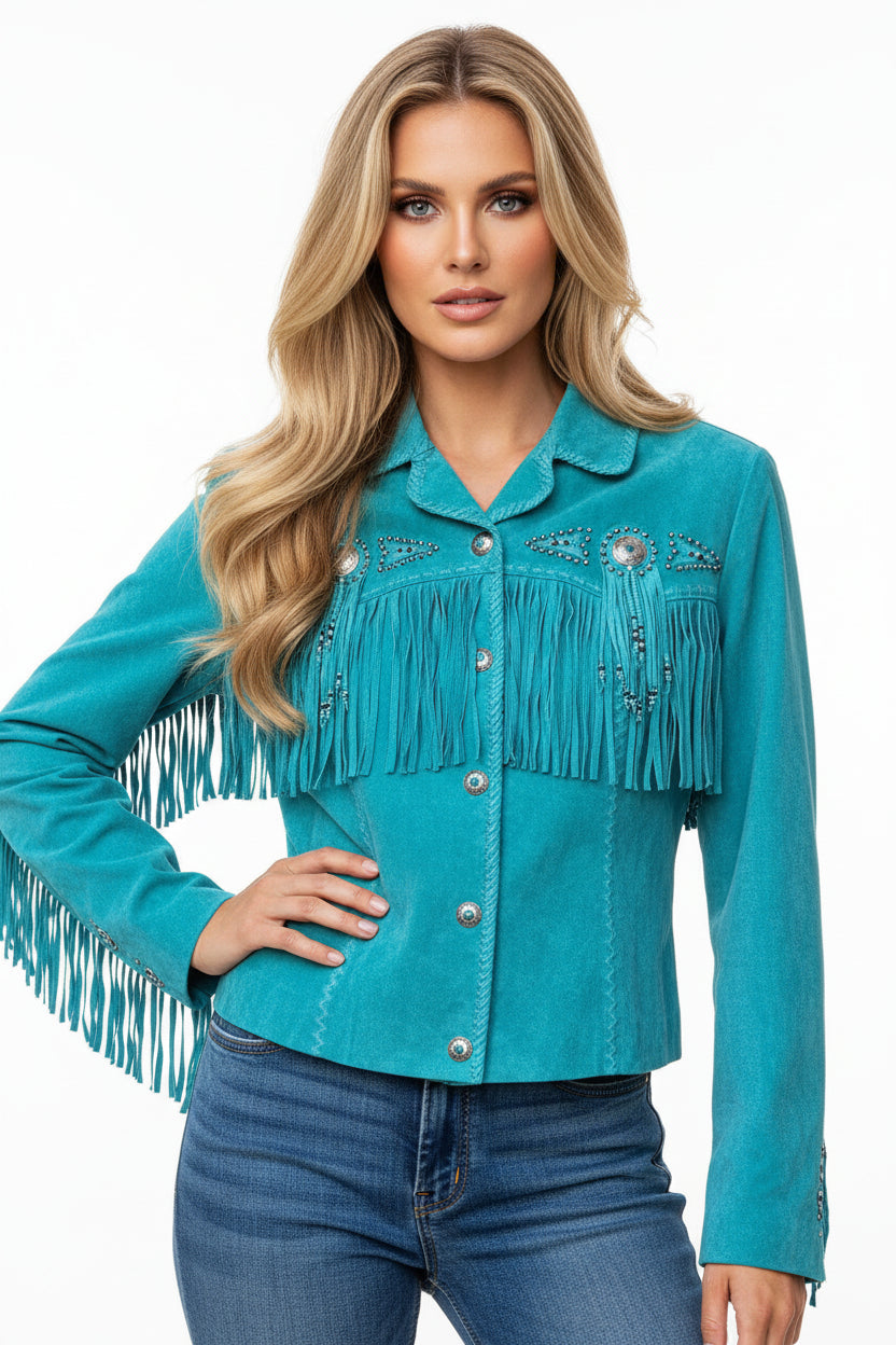 Woman wearing a turquoise fringed jacket on a white background