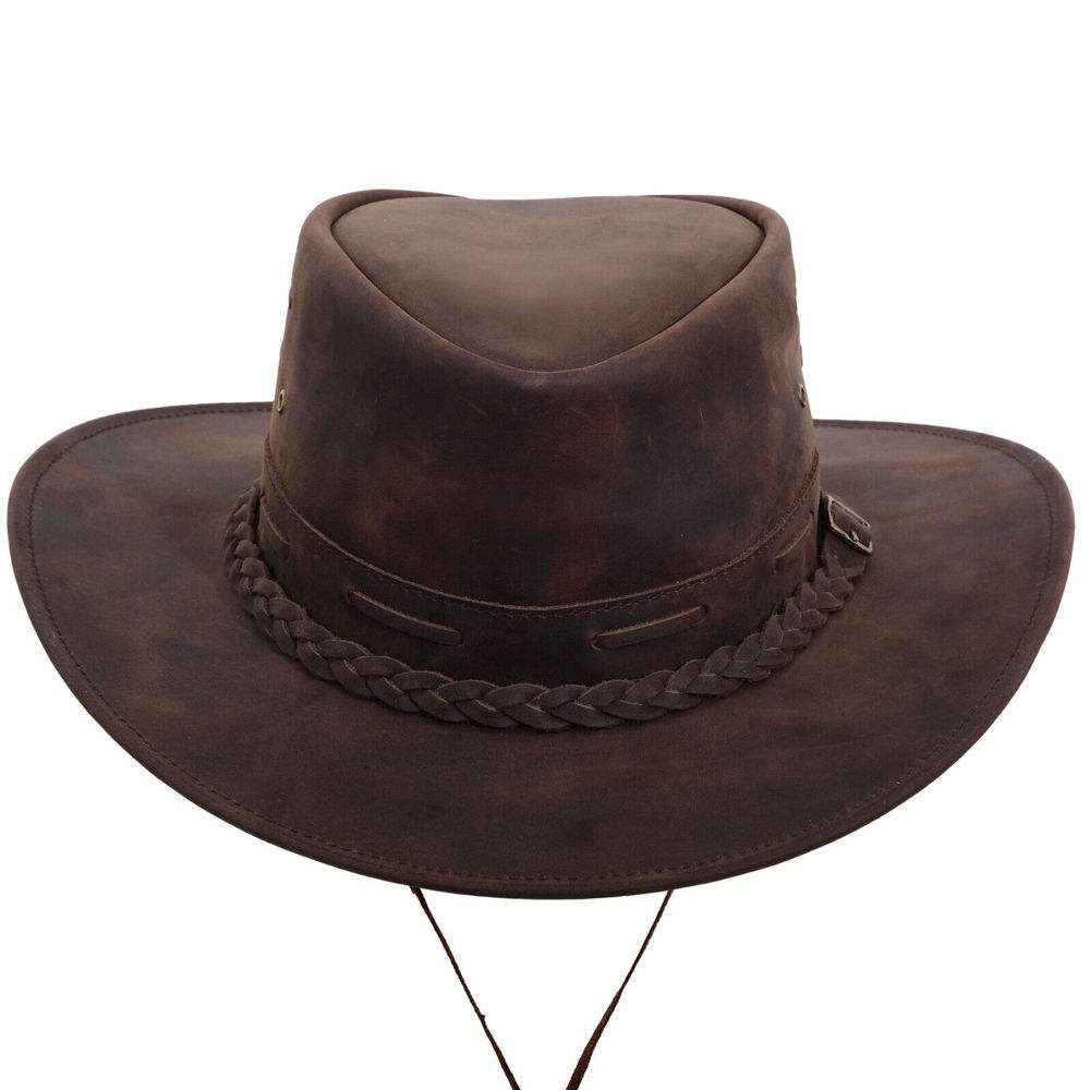 Distressed Leather Outback Hat Braided Buckle Band Ventilated