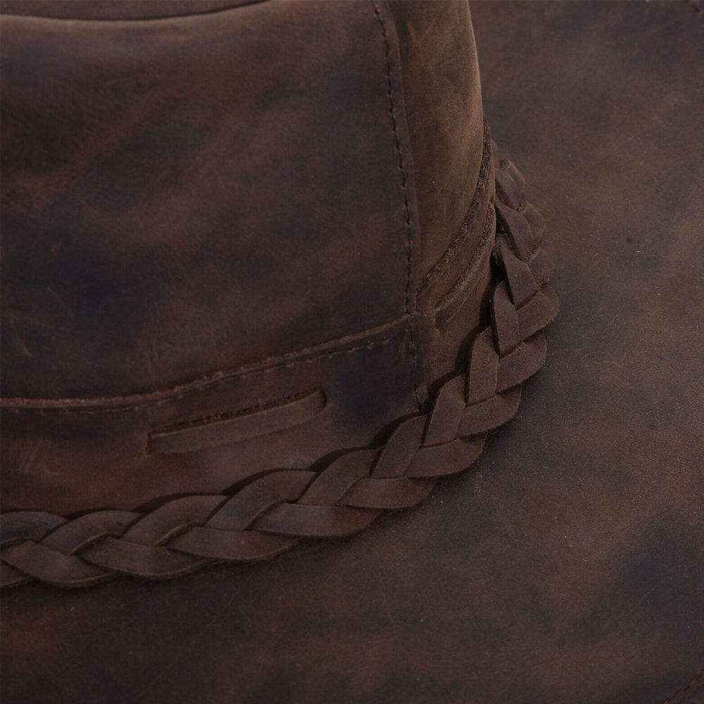 Distressed Leather Outback Hat Braided Buckle Band Ventilated