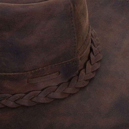 Distressed Leather Outback Hat Braided Buckle Band Ventilated