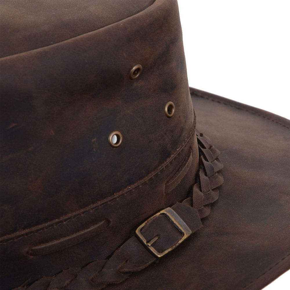 Distressed Leather Outback Hat Braided Buckle Band Ventilated