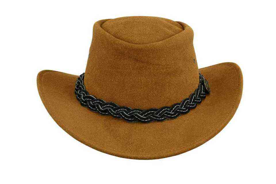 Tan Suede Outback Hat Black Braided Contrast Band Ventilated