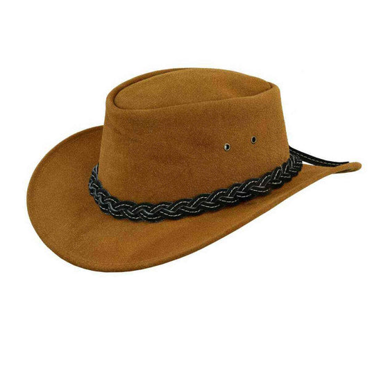 Tan Suede Outback Hat Black Braided Contrast Band Ventilated