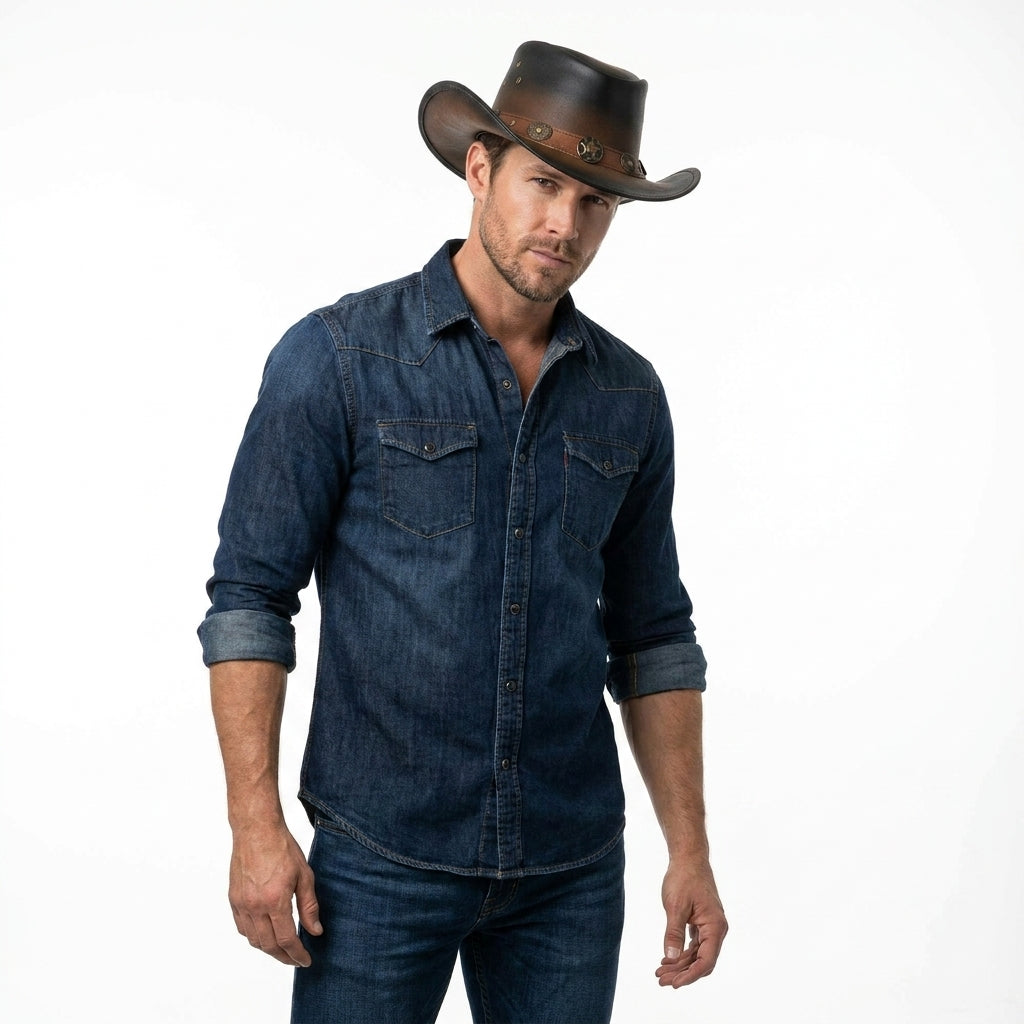 Man wearing a denim shirt and cowboy hat on a white background