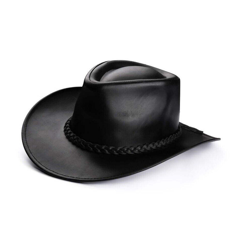Men's black genuine leather cowboy hat with double-weave braided hatband and adjustable chin strap cord — side profile view on white background