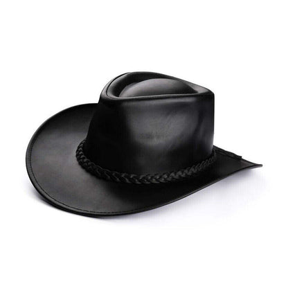 Men's black genuine leather cowboy hat with double-weave braided hatband and adjustable chin strap cord — side profile view on white background