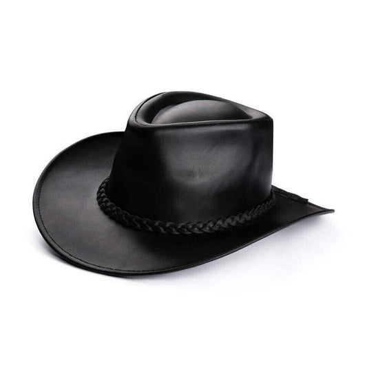 Men's black genuine leather cowboy hat with double-weave braided hatband and adjustable chin strap cord — side profile view on white background