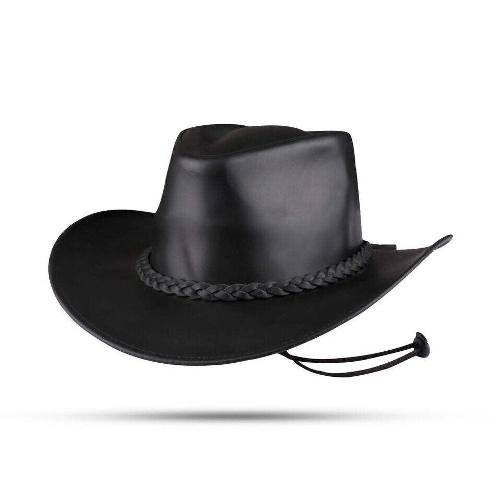 Black cowboy hat with braided band on a white background