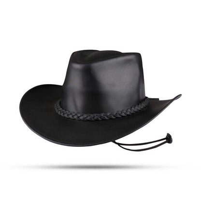 Black cowboy hat with braided band on a white background
