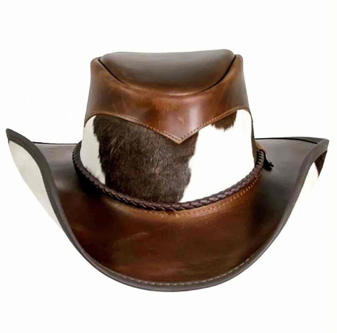 Brown leather hat with cowhide trim on a white background