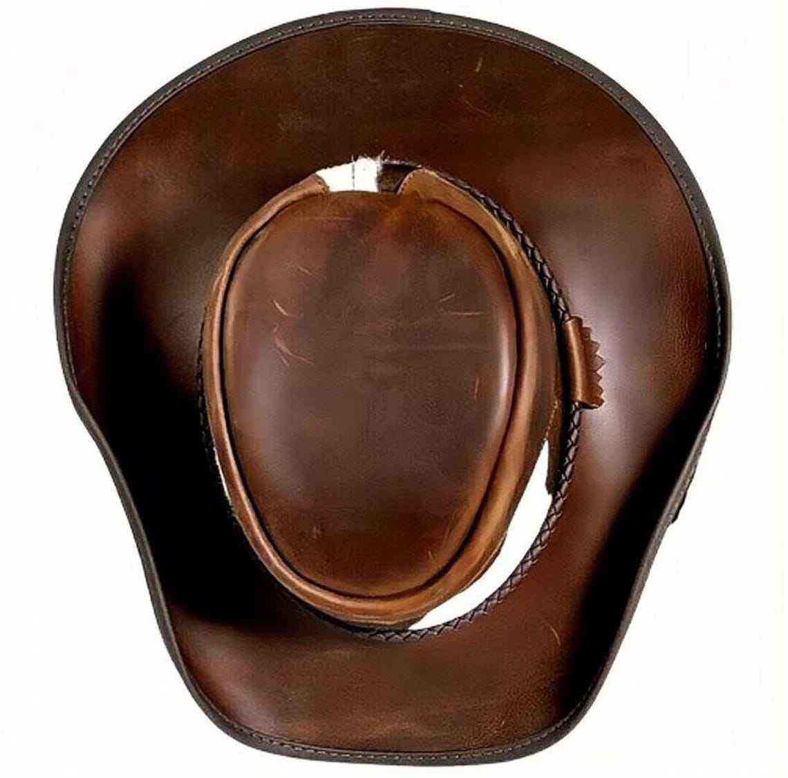 Brown leather cowboy hat with a braided band on a white background