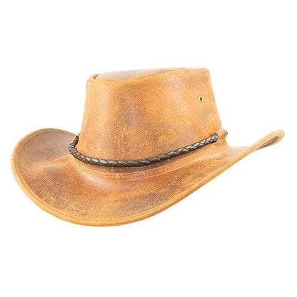 Brown leather cowboy hat with a braided band on a white background