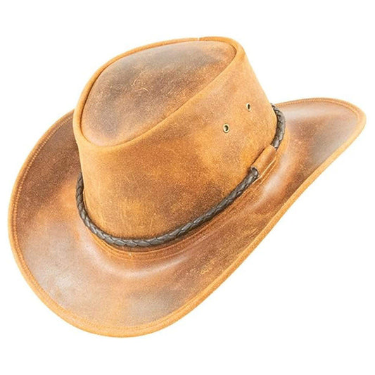 Brown leather cowboy hat with a braided band on a white background