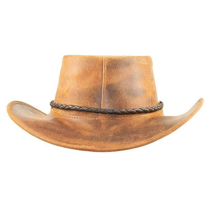 Brown leather cowboy hat with a braided band on a white background