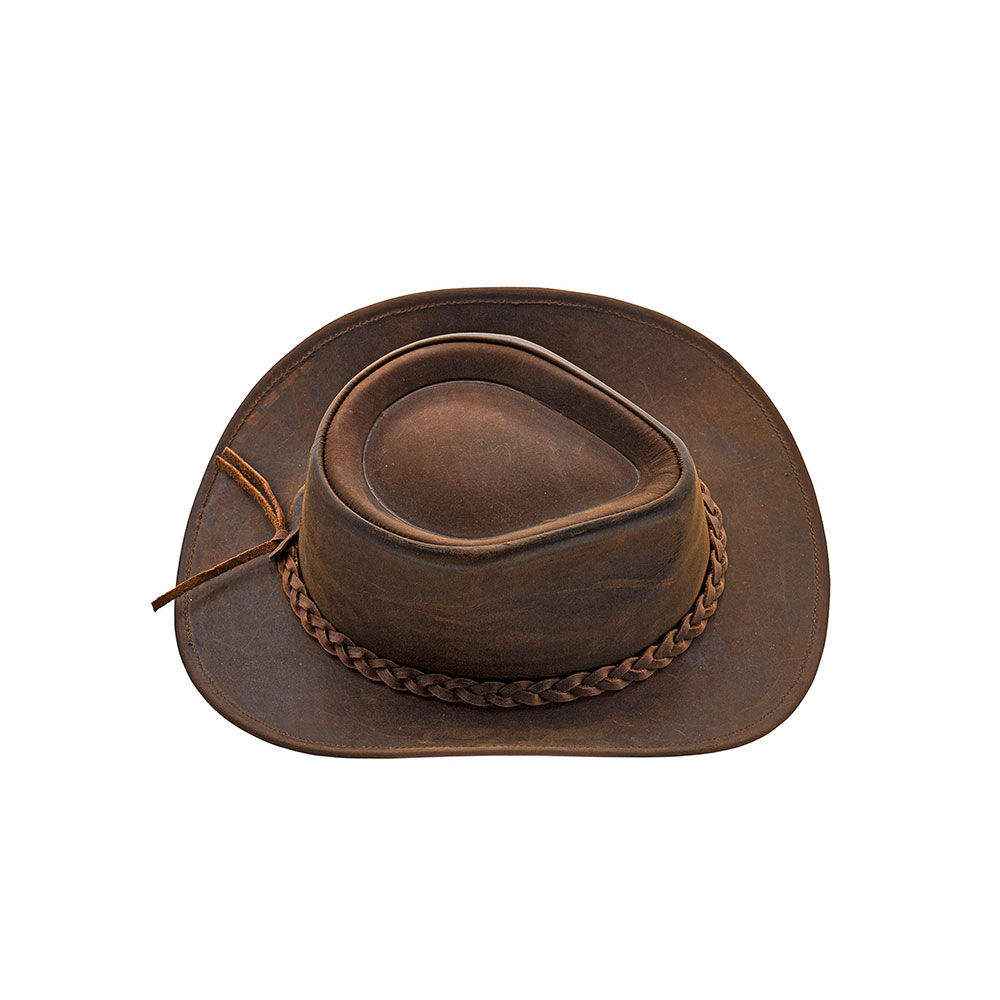 Handcrafted Leather Cowboy Hat | Premium Full-Grain Leather Western Hat with Braided Band | Zhim Leather Creations | Men's Outback Bush Hat | Brown Distressed Vintage Style