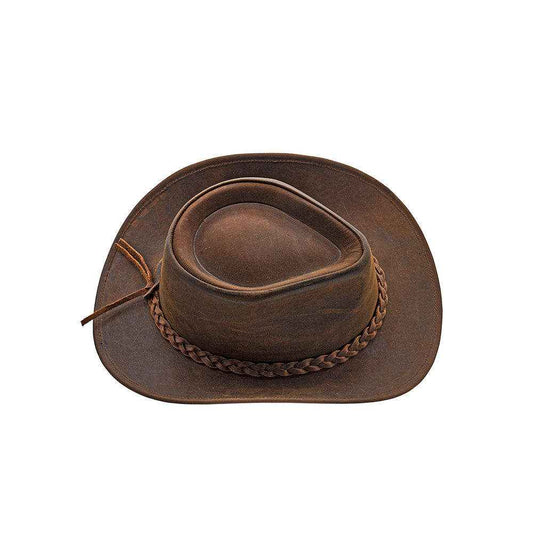 Handcrafted Leather Cowboy Hat | Premium Full-Grain Leather Western Hat with Braided Band | Zhim Leather Creations | Men's Outback Bush Hat | Brown Distressed Vintage Style
