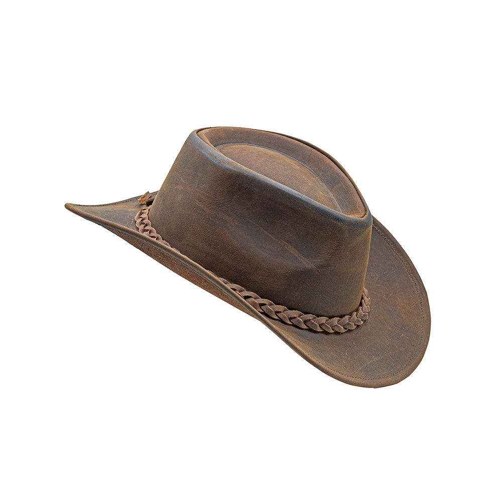 Handcrafted Leather Cowboy Hat | Premium Full-Grain Leather Western Hat with Braided Band | Zhim Leather Creations | Men's Outback Bush Hat | Brown Distressed Vintage Style