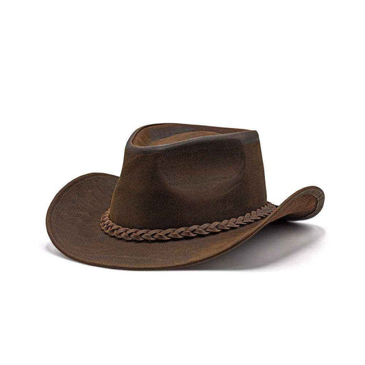 Handcrafted Leather Cowboy Hat | Premium Full-Grain Leather Western Hat with Braided Band | Zhim Leather Creations | Men's Outback Bush Hat | Brown Distressed Vintage Style