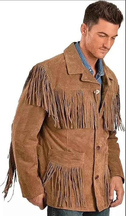 Men's Fringe Suede Leather Cowboy Jacket – Western Native American Style