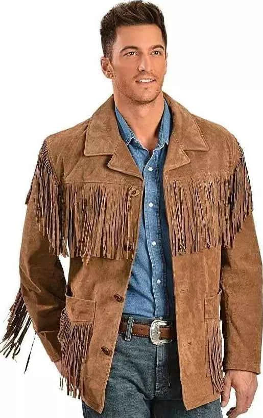 Men's Fringe Suede Leather Cowboy Jacket – Western Native American Style