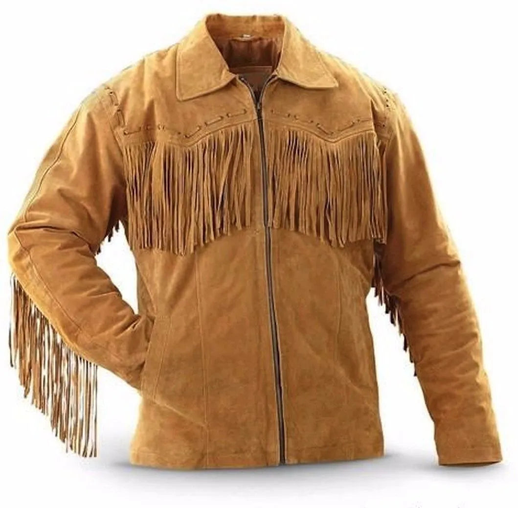 Men's Native American Western Cowboy Leather Jacket Coat Suede Fringe-ZLC-WJM-1007