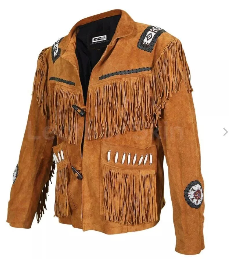 Men's Western Wear Suede Leather Cowboy Fringe Shirt Style Native American Jacket-ZLC-WJM-1003-1