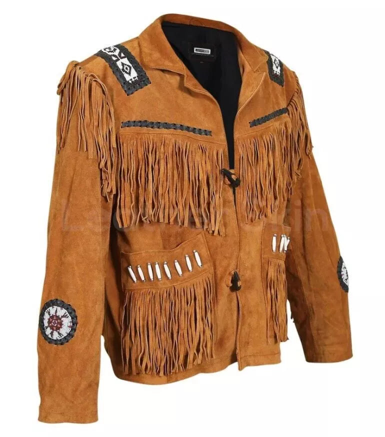 Men's Western Wear Suede Leather Cowboy Fringe Shirt Style Native American Jacket-ZLC-WJM-1003-2