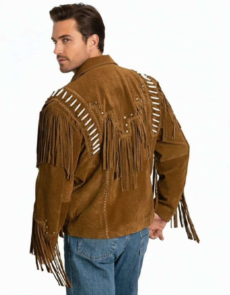 Men's Fringe Suede Leather Cowboy Jacket – Western Native American Style