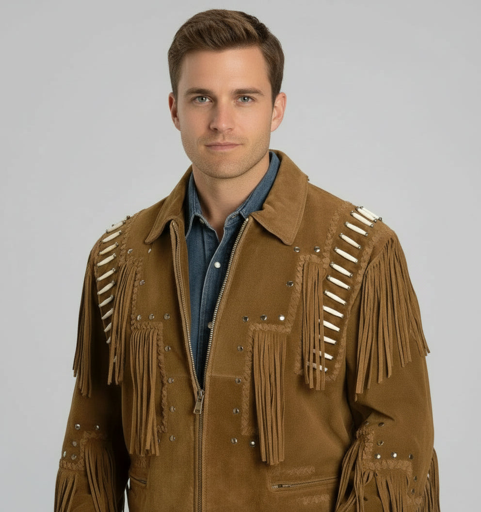 Men's Fringe Suede Leather Cowboy Jacket – Western Native American Style