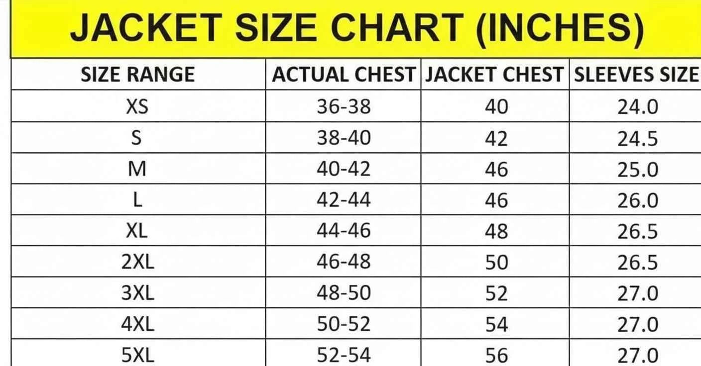 Jacket size chart in inches with chest and sleeve measurements.
