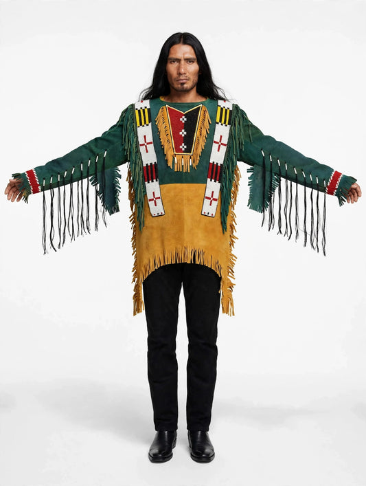 mens forest green mustard yellow beaded fringe war shirt front and back