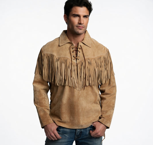 Men's Camel Suede Yoke Fringe Western Shirt Lace-Up Collar Leather Pullover with Side Lace Detail