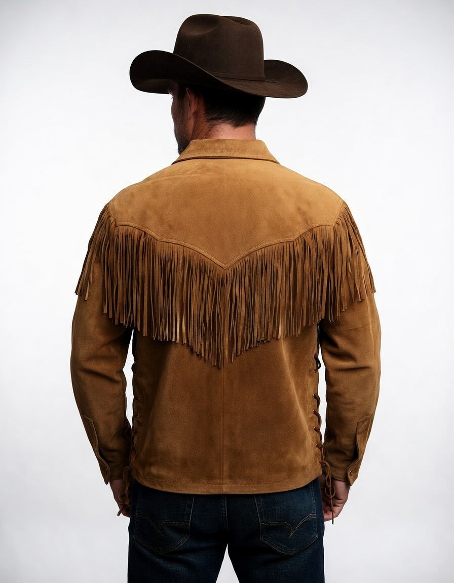 Men's Tan Suede Chest Fringe Western Shirt Lace-Up Cowboy Leather Pullover