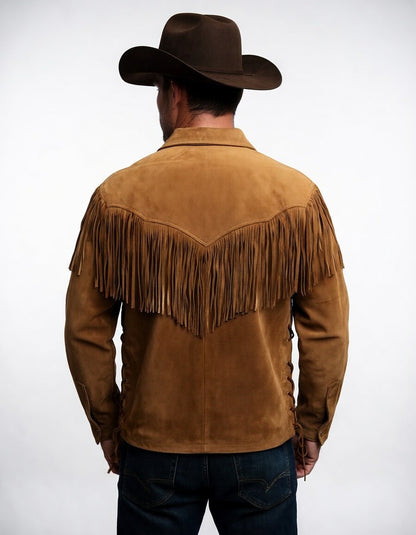Men's Tan Suede Chest Fringe Western Shirt Lace-Up Cowboy Leather Pullover