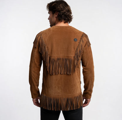 Men's Cognac Brown Suede V-Fringe Western Shirt Lace-Up Leather Pullover with Back Fringe