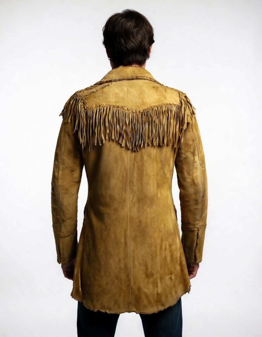 Men's Distressed Mustard Suede Military Fringe Coat Vintage Western Leather Jacket with Red Lining