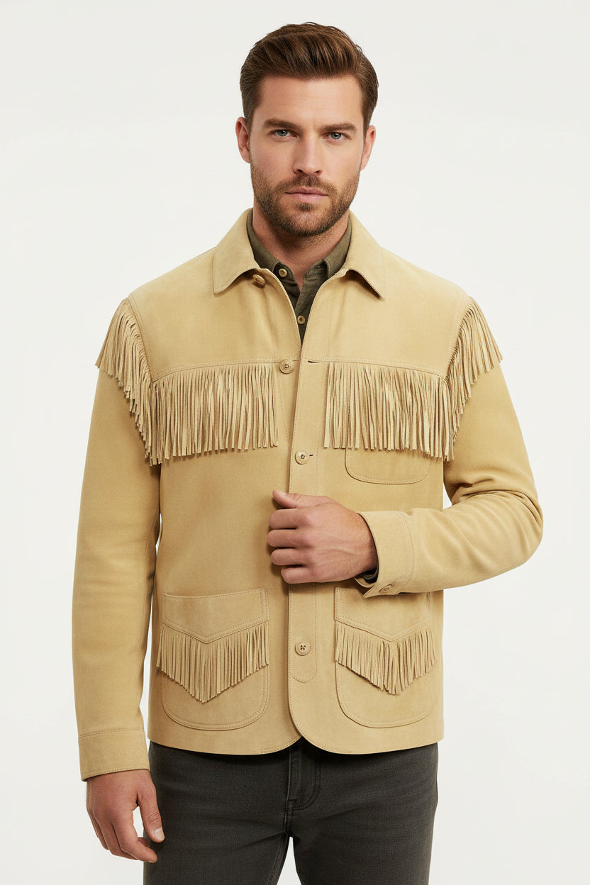 Beige suede jacket with fringe details on a white background
