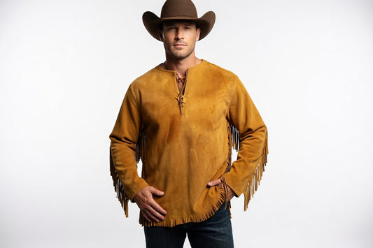 Men's Golden Tan Suede Fringe Pullover Shirt Western Lace-Up Leather Top