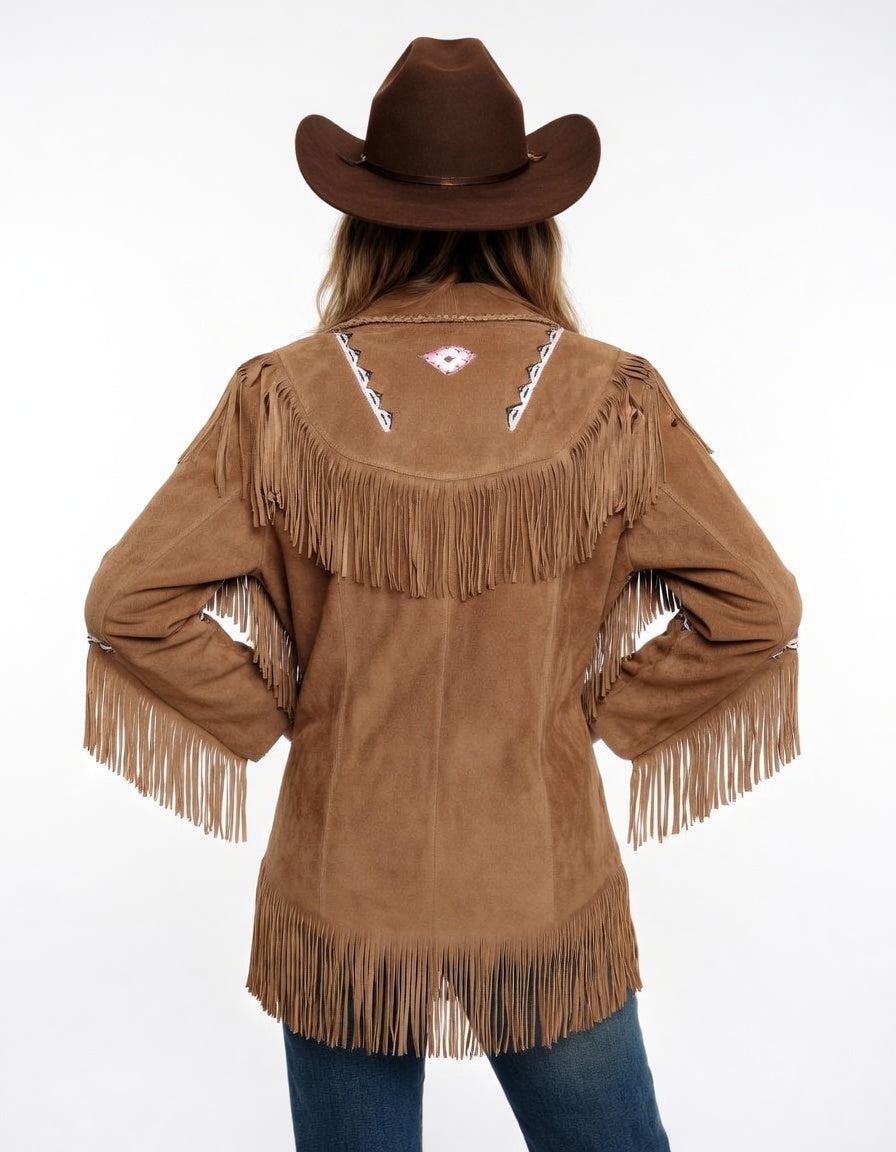 Women's Tan Suede Fringe Western Jacket Pink Beaded Diamond Cowgirl Leather Coat