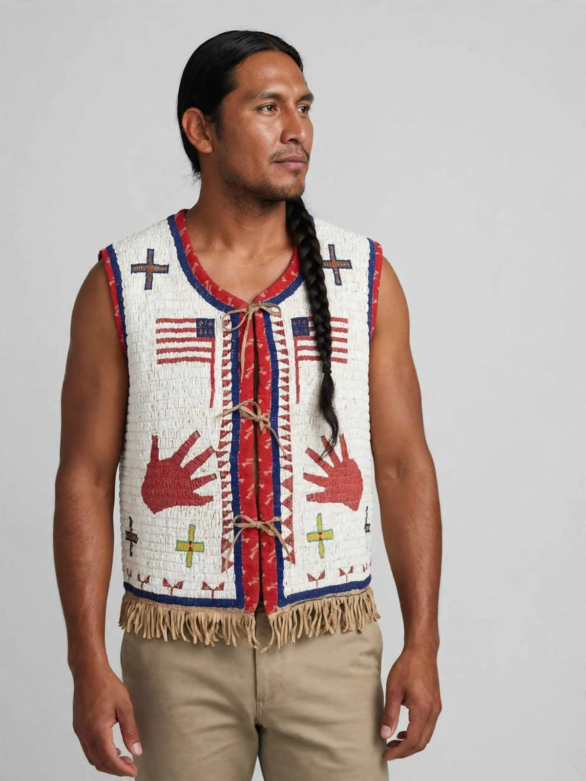 A man wearing a sleeveless Native American-style vest with red, white, and blue beadwork, American flag motifs, hand designs, and fringe, paired with khaki pants, photographed against a light gray background.