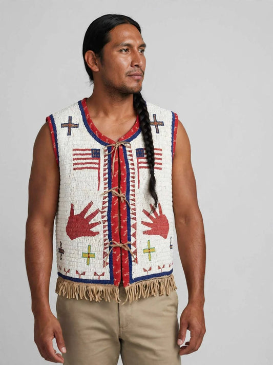 A man wearing a sleeveless Native American-style vest with red, white, and blue beadwork, American flag motifs, hand designs, and fringe, paired with khaki pants, photographed against a light gray background.