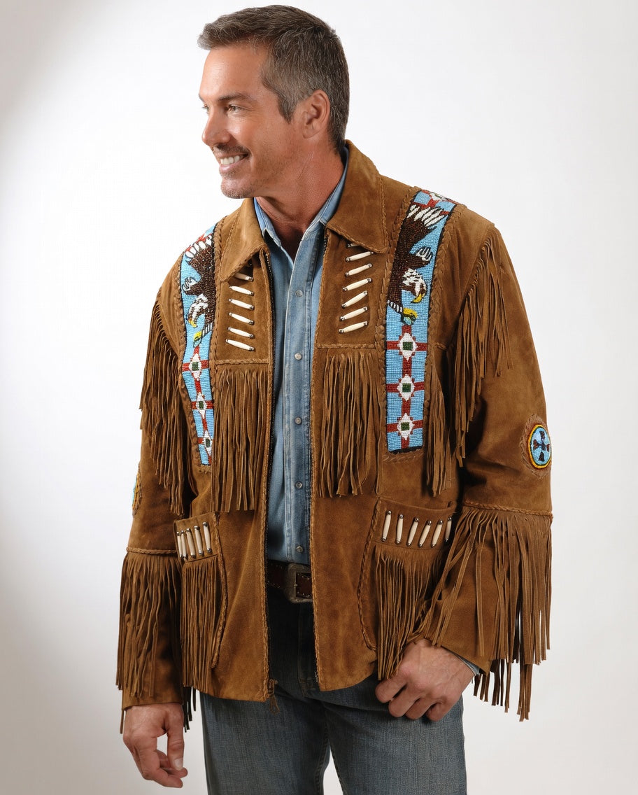 Eagle Bead Fringed Suede Leather Jacket - ZHIM LEATHER CREATIONS