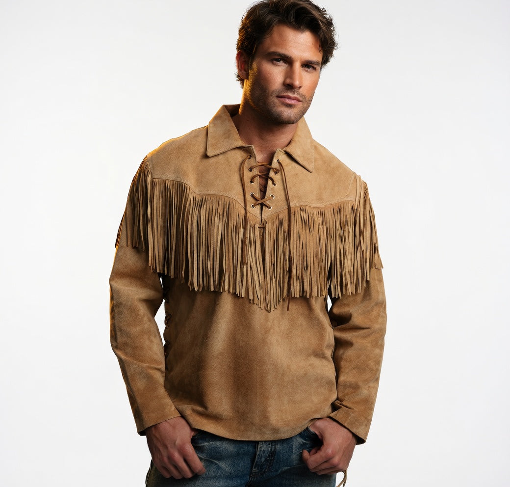 Men’s Camel Suede Fringe Western Shirt – Lace-Up Leather Pullover