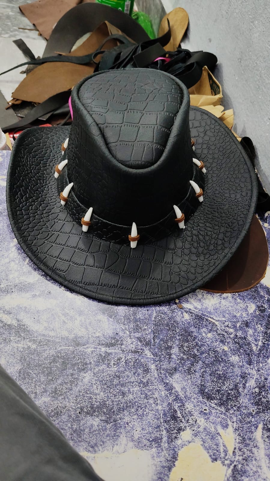 Handmade Black Leather Outback Hat – Crocodile Embossed Western Cowboy Bush Hat with Bone Band