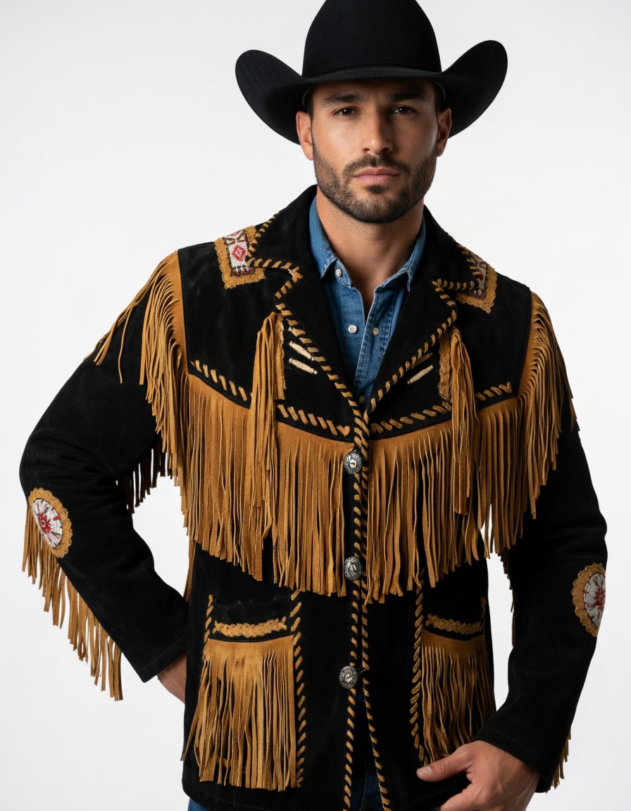 Men's Fringe Suede Leather Cowboy Jacket- ZLC-WJM-1043